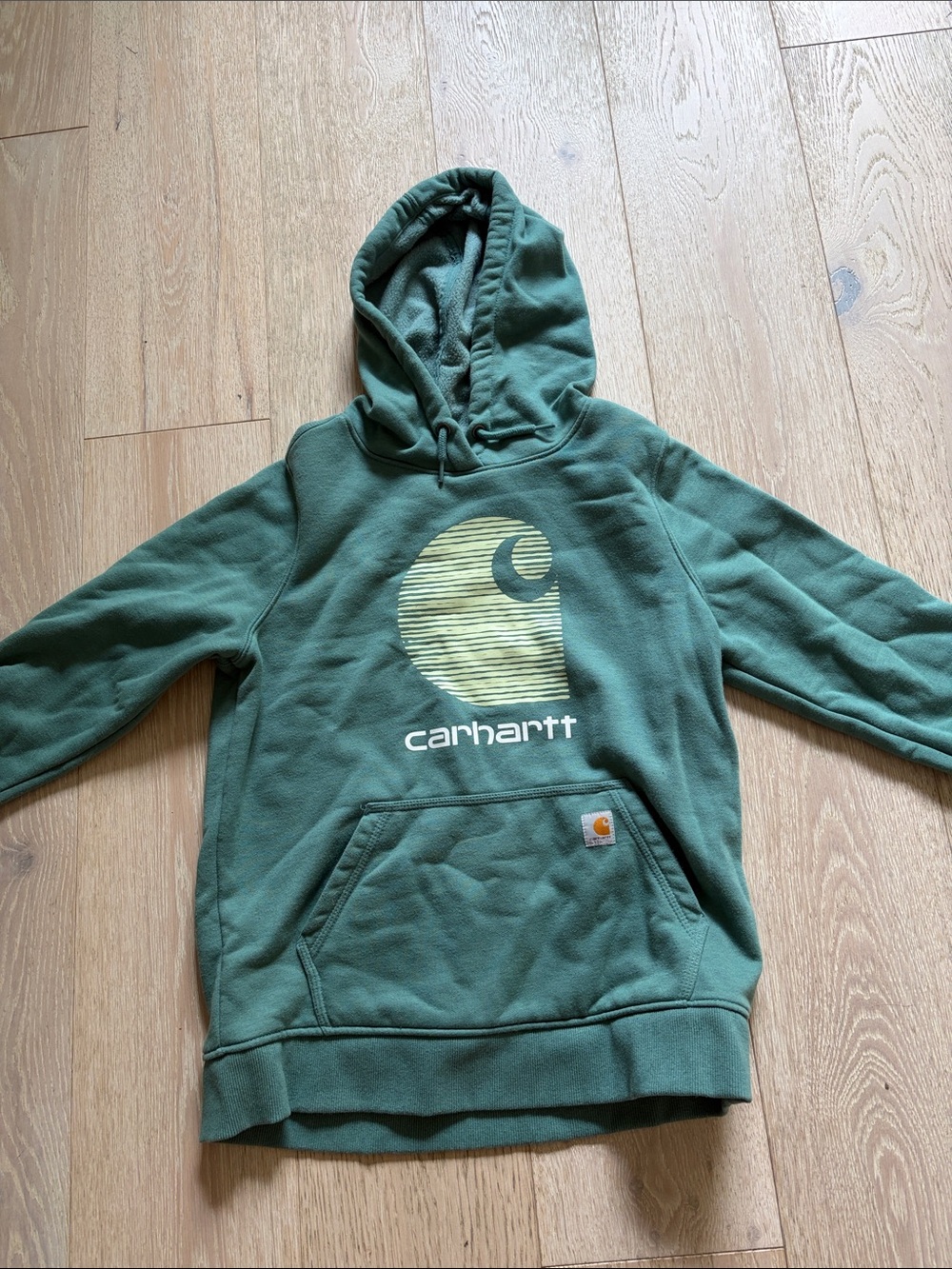 Carhartt Men's Forest Green Logo Hoodie with Yellow Graphic